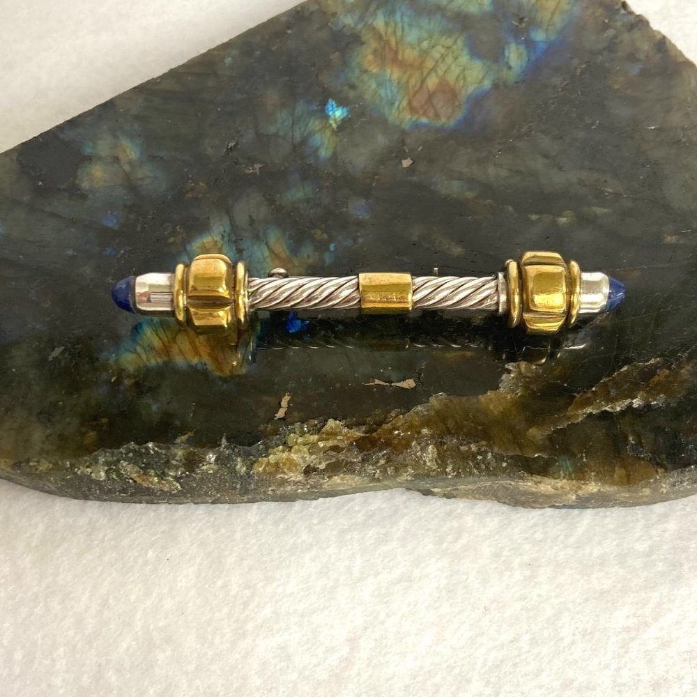 Sterling Silver 925 Brass 2.80" Blue Gemstone Twisted Rope Bar Brooch 21g